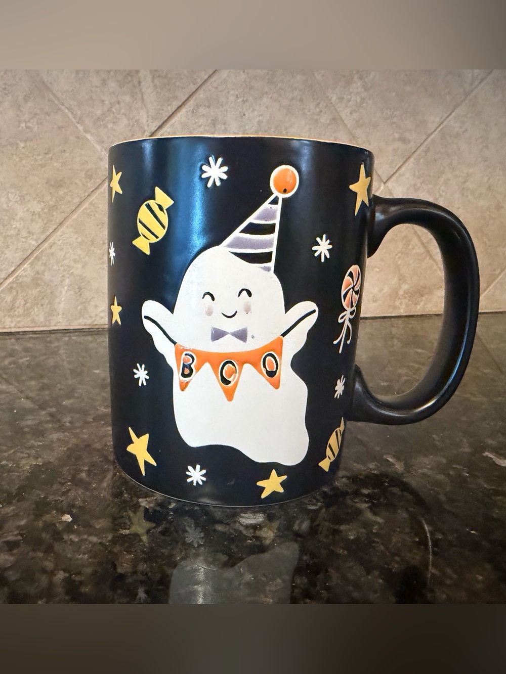 Halloween Ghost Ceramic Mug in Black with White Ghost